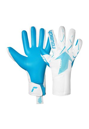 Pair of blue and white Reusch goalkeeper gloves, one showing padded palm and the other backhand with logo and design details.