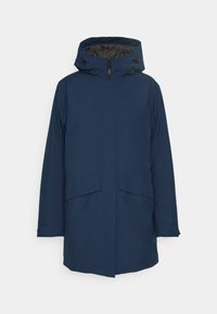 Navy blue waterproof parka jacket with a hood, zip closure, two front pockets, and a smooth texture. Designed for outdoor use.