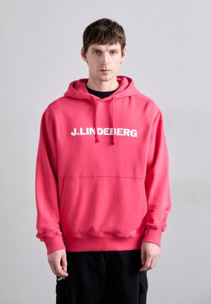 Rosa Sweatshirt aus Baumwollmischung, mit einer Vordertasche und Kapuze mit Kordelzug. Trägt das J.LINDEBERG-Logo in Weiß über der Brust.