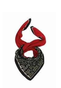 Red silk scarf with a triangular shape, featuring a black and gold geometric pattern and a contrasting white border. Edges are finished neatly.