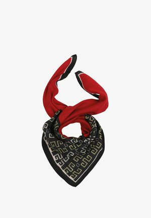 Roter Seidenschal in dreieckiger Form, mit einem geometrischen Muster in Schwarz und Gold sowie einem kontrastierenden weißen Rand. Die Kanten sind sauber verarbeitet.