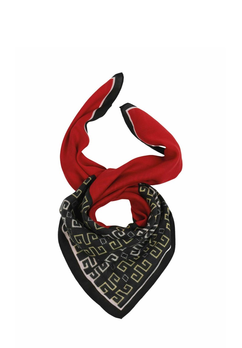 Red silk scarf with a triangular shape, featuring a black and gold geometric pattern and a contrasting white border. Edges are finished neatly.