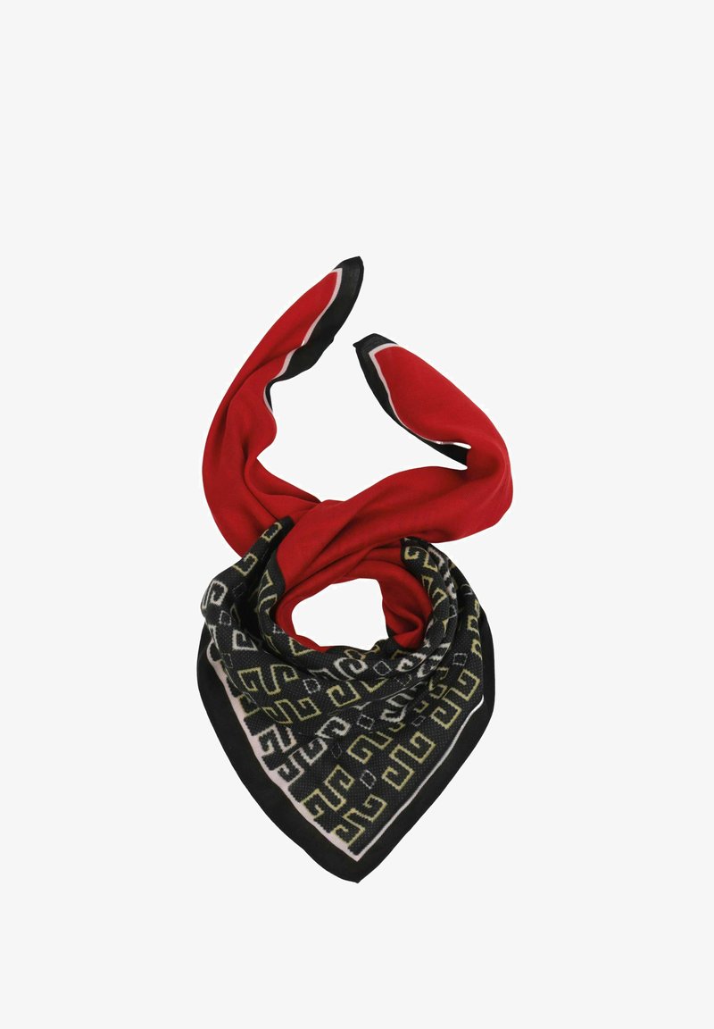 Roter Seidenschal in dreieckiger Form, mit einem geometrischen Muster in Schwarz und Gold sowie einem kontrastierenden weißen Rand. Die Kanten sind sauber verarbeitet.