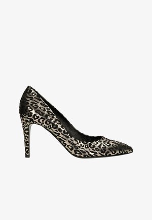 Mule à talons hauts en imprimé léopard noir et beige. Bout pointu, silhouette épurée et texture lisse avec une finition brillante.