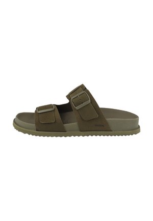 Brown suede slide sandal with two adjustable buckled straps and a flat rubber sole.