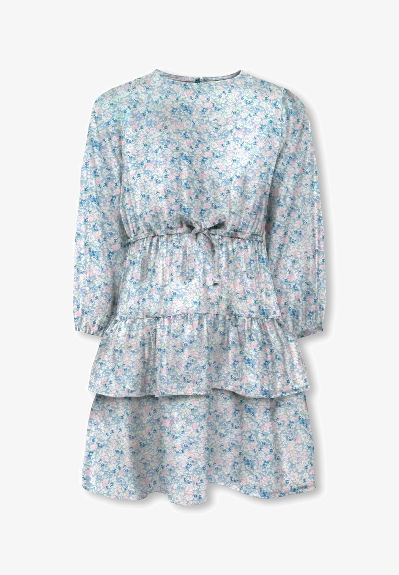 Robe florale à manches longues, col rond et taille à nouer optionnelle. Comprend des volants à plusieurs niveaux, en tissu bleu clair avec des fleurs roses et violettes.