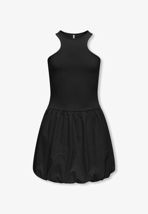 Abito nero con un corpetto aderente senza maniche e una gonna arricciata, realizzato in tessuto liscio. Presenta un collo rotondo con dettagli a taglio.