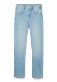 Hellblaue Denim-Jeans mit Slim-Fit, fünf Taschen, Gürtelschlaufen und einem vorderen Knopfverschluss. Der Stoff wirkt weich und glatt.