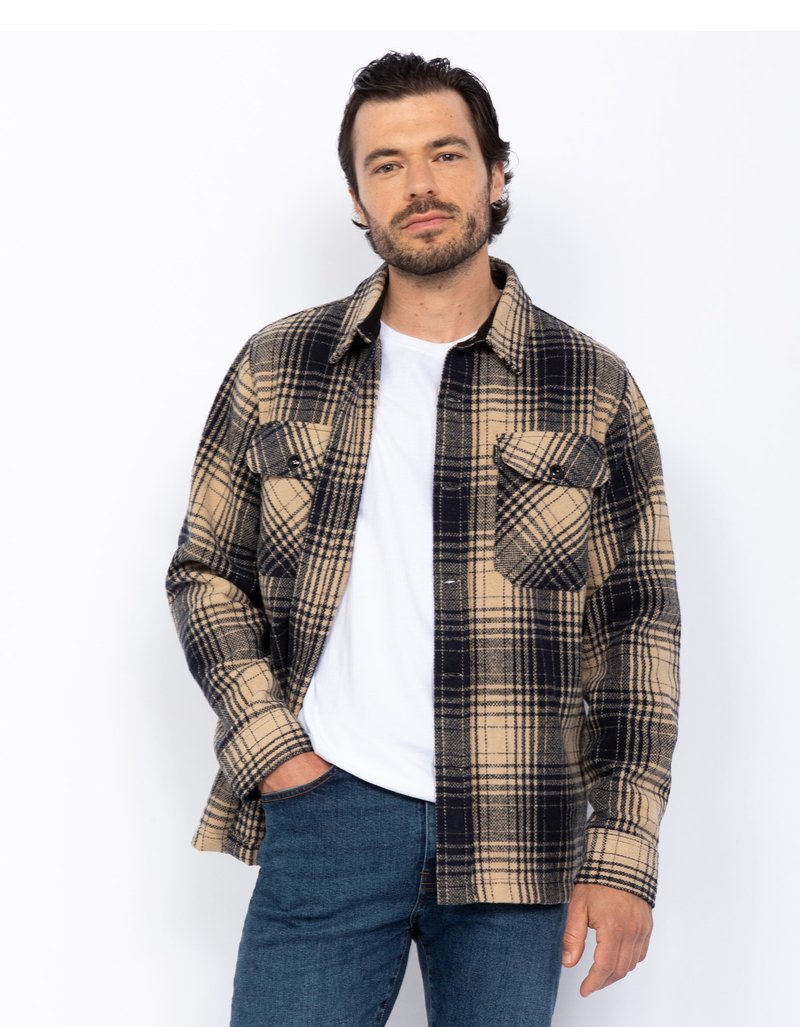 Camicia in flanella a quadri beige e blu navy con due tasche sul petto, chiusura a bottoni e maniche lunghe. Indossata sopra una t-shirt bianca e jeans blu.