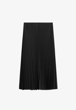 Gonna plissettata nera realizzata in tessuto leggero, con pieghe verticali in tutto il capo e orlo dritto. Nessun ulteriore dettaglio o decorazione.
