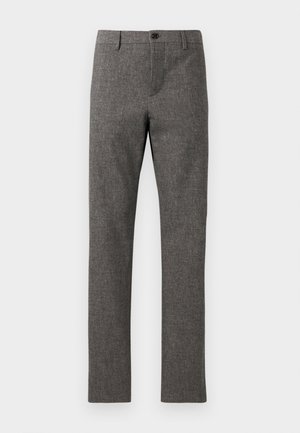 Gray dress pants in a textured, woven fabric. Tailored fit with a flat front, zip fly, and single button closure. No additional pockets visible.