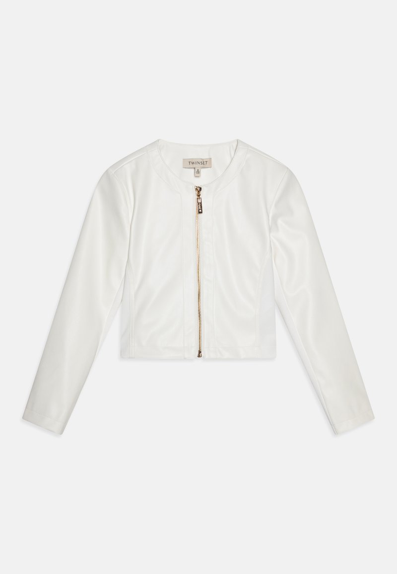 Biele syntetické kožené skrátené sako s dlhými rukávmi, zlatým zipsom a okrúhlym výstrihom. Hladká textúra s minimálnymi švovými detailami.