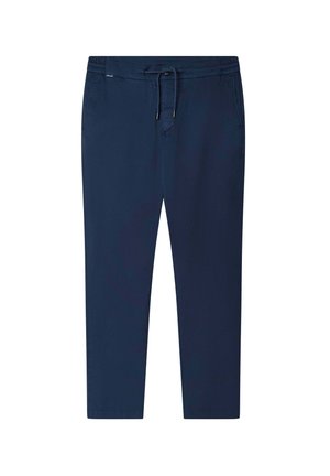 Pantaloni blu navy, di lunghezza a metà polpaccio, realizzati in tessuto morbido e leggero. Presentano una cintura elastica con cordoncino e tasche laterali.