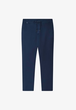 Marineblauwe, halflange broek van zachte, lichtgewicht stof. Voorzien van een elastische tailleband met een trekkoord en zijzakken.