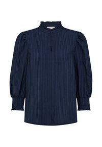 Marineblauwe blouse met lange mouwen, voorzien van een textuur, geribbelde ontwerp, hoge kraag en geplooide pofmouwen. Voorzien van knopen aan de voorkant en een split.