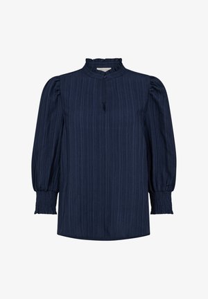 Marineblauwe blouse met lange mouwen, voorzien van een textuur, geribbelde ontwerp, hoge kraag en geplooide pofmouwen. Voorzien van knopen aan de voorkant en een split.