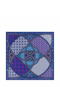 Square textile featuring intricate geometric patterns in blue, pink, and purple tones, with varied textures and designs highlighting symmetry.