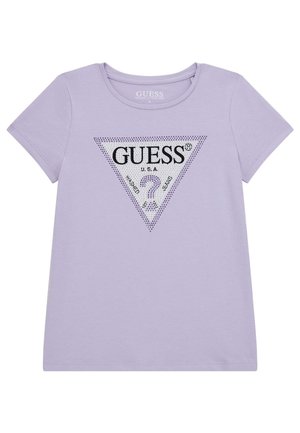 Lavender short-sleeve T-shirt with a large studded triangle logo reading "GUESS U.S.A." and a question mark in the center.