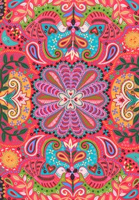 Motif floral coloré avec des formes tourbillonnantes, des tons rose et vert vifs, et des oiseaux décoratifs. Présente des détails complexes et des textures variées.