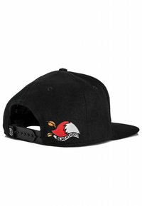 Black snapback cap with a curved visor, featuring a colorful embroidered design of a bird and flames on the back. Durable fabric material.