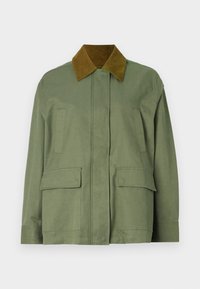 Jachetă de culoare verde măslinie cu guler din catifea maro, având două buzunare frontale și un design drept. Textură netedă, detalii minime.