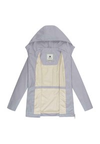 Giacca impermeabile grigio chiaro con cappuccio, dotata di una fodera color crema e numerose tasche interne per lo stoccaggio.