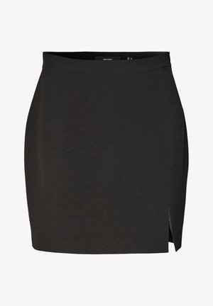 Black skirt with a fitted design, smooth texture, and a side slit. Made of soft material, it features a clean, minimalist silhouette.