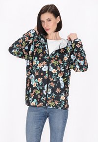 Zwarte bloemen ritsjack met kleurrijke bloemenpatronen, voorzien van een capuchon, elastische mouwen en een relaxed fit, gemaakt van lichtgewicht stof.