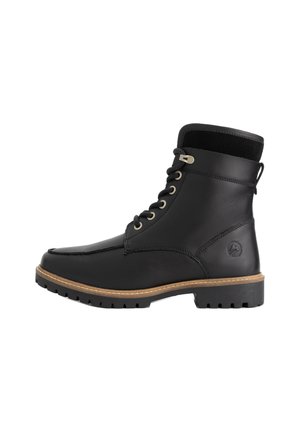 Zwarte leren enkelboot met vetersluiting aan de voorkant, gevoerde kraag, gestikte neus, robuuste zool en tan kleurige welt-detail.