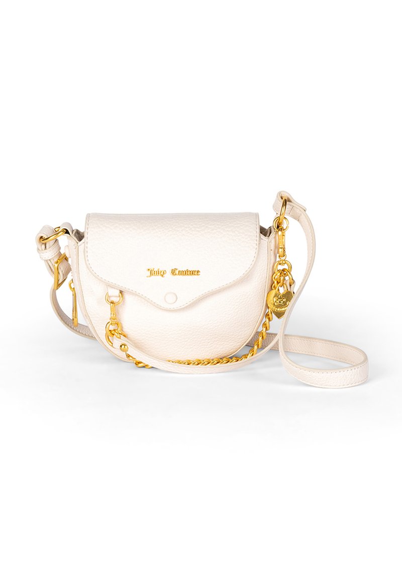 Borsa a tracolla in pelle bianca con forma arrotondata, accessori in oro, catena decorativa e chiusura a pattina. Presenta il logo del brand in rilievo sulla parte anteriore.