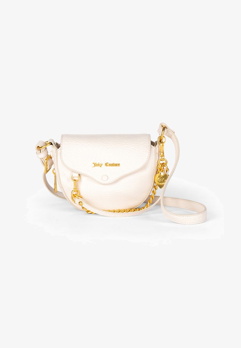 Borsa a tracolla in pelle bianca con forma arrotondata, accessori in oro, catena decorativa e chiusura a pattina. Presenta il logo del brand in rilievo sulla parte anteriore.