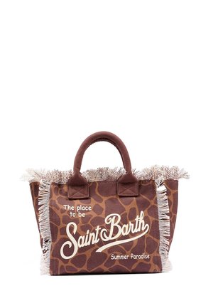 Borsa tote marrone con stampa a motivo giraffa, bordi sfrangiati e testo stampato sul davanti "The place to be Saint Barth Summer Paradise".