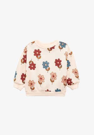 Hellrosa Sweatshirt mit floralem Muster, das rote, blaue und braune Blumen zeigt. Gepuffte Ärmel und runder Halsausschnitt. Weicher Stoff.