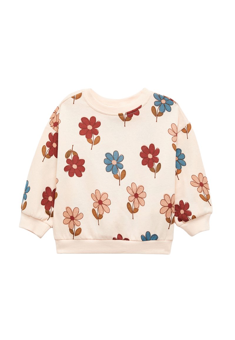 Lichtroze sweatshirt met een bloemenpatroon van rode, blauwe en bruine bloemen. Met manchetten aan de mouwen en een ronde halslijn. Zachte textuur.