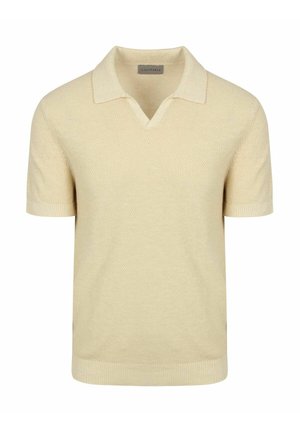 Beige gebreide polo met korte mouwen, een gestructureerd patroon, geribde boorden en zoom en een open kraag.