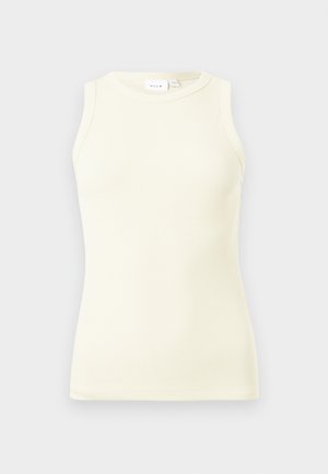 Haut sans manches côtelé de couleur crème avec un col rond, une coupe ajustée et une étiquette de marque visible au niveau du col.