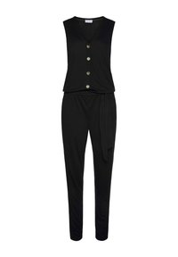 Mono negro con escote en V, diseño sin mangas, cinco botones en el frente y una cintura atada. Tejido suave y elástico.