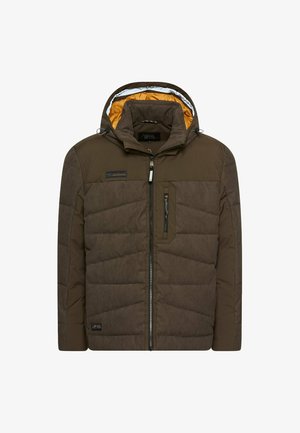 Braune Pufferjacke mit Kapuze, mit gestepptem Textil, schwarzem Reißverschluss und orangefarbener Fütterung. Enthält Brust- und Seitentaschen.