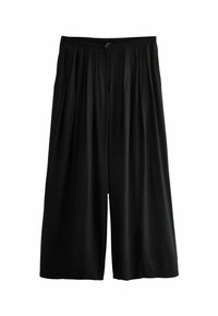 Culottes negre dintr-un material ușor, cu un design pliat, croi lejer și un închizător cu nasture la talie pentru o purtare ușoară.