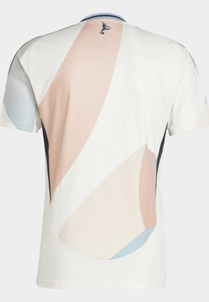 Short-sleeve shirt in soft white fabric, featuring abstract pastel shapes in pink, blue, and navy with a small logo on the upper back.