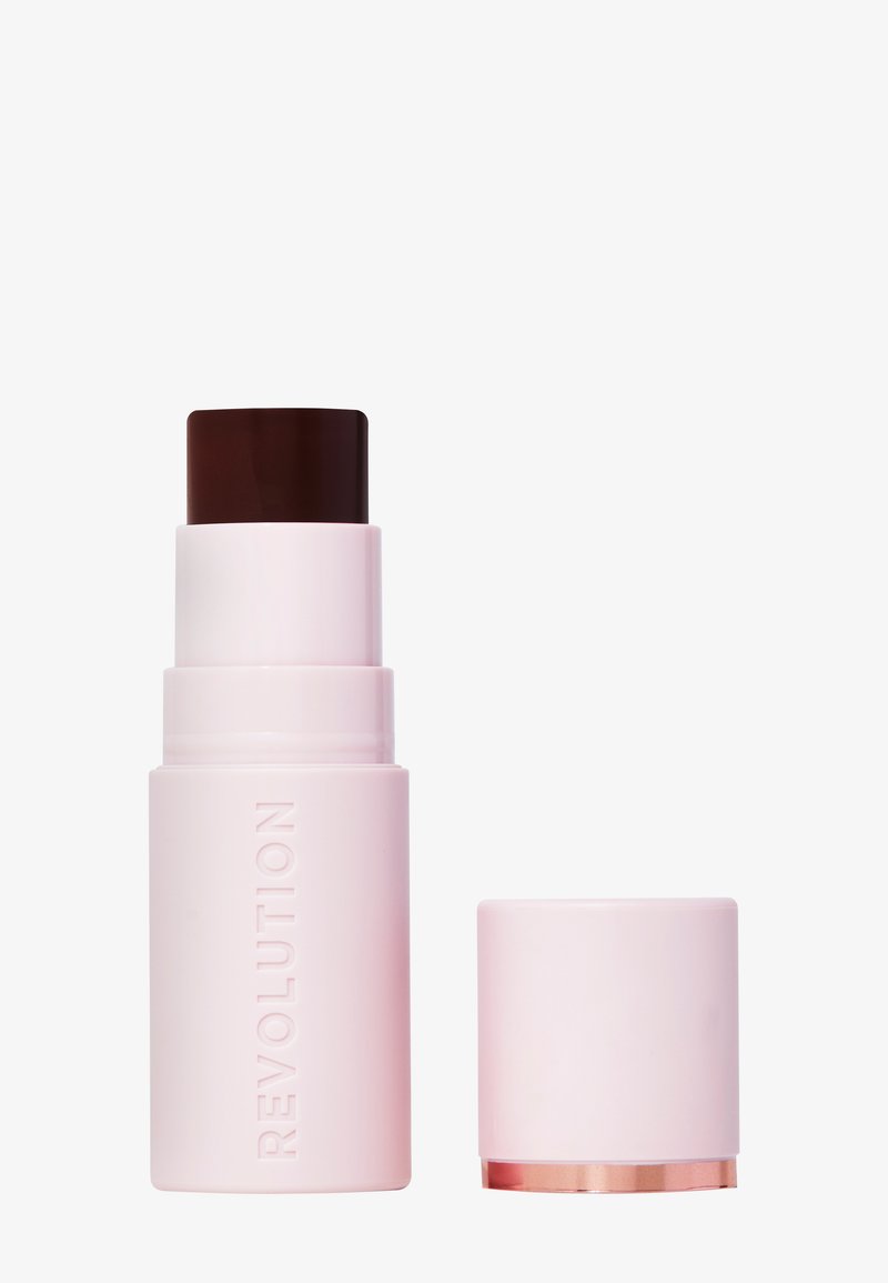 Runder, hellroser Make-up-Stick mit einem dunkelbraunen Drehdeckel; die Basis hat einen roségoldenen Akzent. Der Deckel ist pink und zylindrisch.