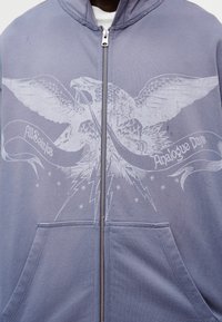 Γκρι φούτερ με φερμουάρ που απεικονίζει έναν αετό και αστραπές. Το ύφασμα είναι μαλακό με λεία υφή· διαθέτει πλαϊνές τσέπες.