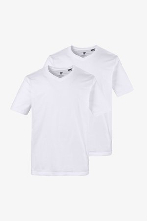 Deux t-shirts blancs unis à manches courtes et col en V, superposés, affichés sur un fond blanc.