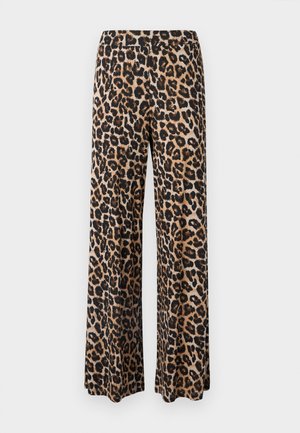 Pantalones de pierna ancha con estampado de leopardo en una tela suave; con una cinturilla alta y una silueta fluida con detalles de patrón en negro y marrón.