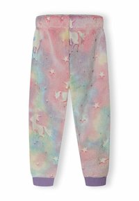 Fleece-joggers med ett pastellfärgat flerfärgat tie-dye-mönster med enhörningar och stjärnor, avslutade med en lila ribbad midja.