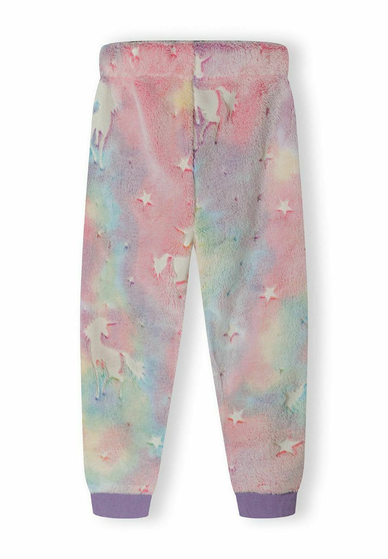 Fleece-Jogginghosen mit einem pastellfarbenen, mehrfarbigen Batikmuster, verziert mit Einhörnern und Sternen, abgerundet mit einem lila gerippten Bund.