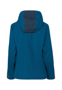 Blue waterproof jacket with a hood, featuring a contrasting dark blue panel on the back, elastic cuffs, and a smooth, textured surface.