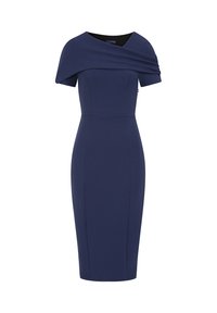 Navyblaues, tailliertes Kleid mit kurzen Ärmeln und drapiertem Design über den Schultern, aus glattem, dehnbarem Material gefertigt.