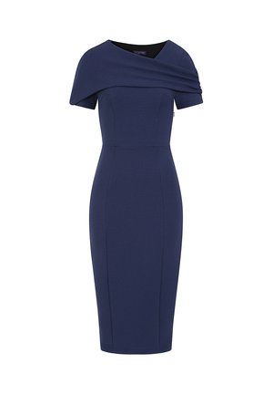 Navyblaues, tailliertes Kleid mit kurzen Ärmeln und drapiertem Design über den Schultern, aus glattem, dehnbarem Material gefertigt.