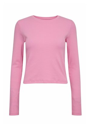 Top confortabil din material ribbed roz, cu mânecă lungă și croială ajustată; are un decolteu rotund și o lungime scurtă. Textură neted�ă pe toată suprafața.